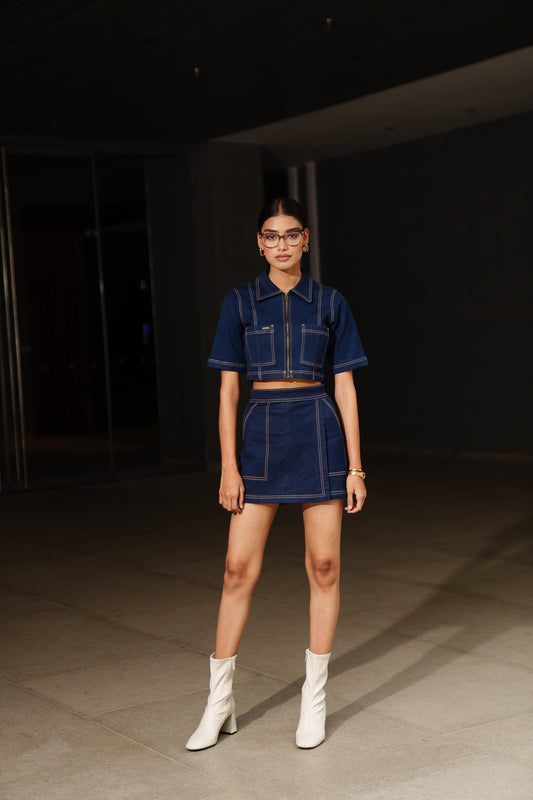 Raw Washed Denim Set With Skort