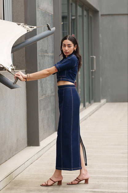 Raw Washed Denim Long Skirt