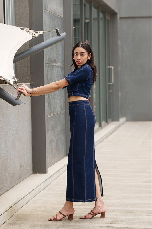 Raw Washed Denim Set With Long Skirt